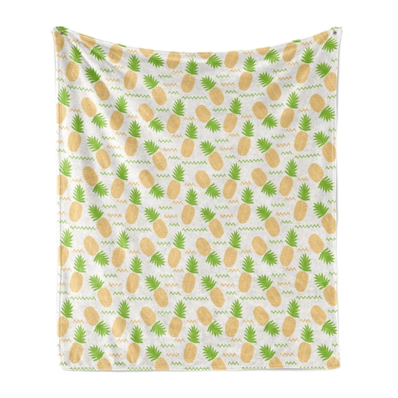 Tropical Soft Flannel Fleece Throw Blanket, Herringbone Stripes with Dots Background Summer Fruits Arrangement, Cozy Plush for Indoor and Outdoor Use, 60" x 80", Fern Green and Orange, by Ambesonne