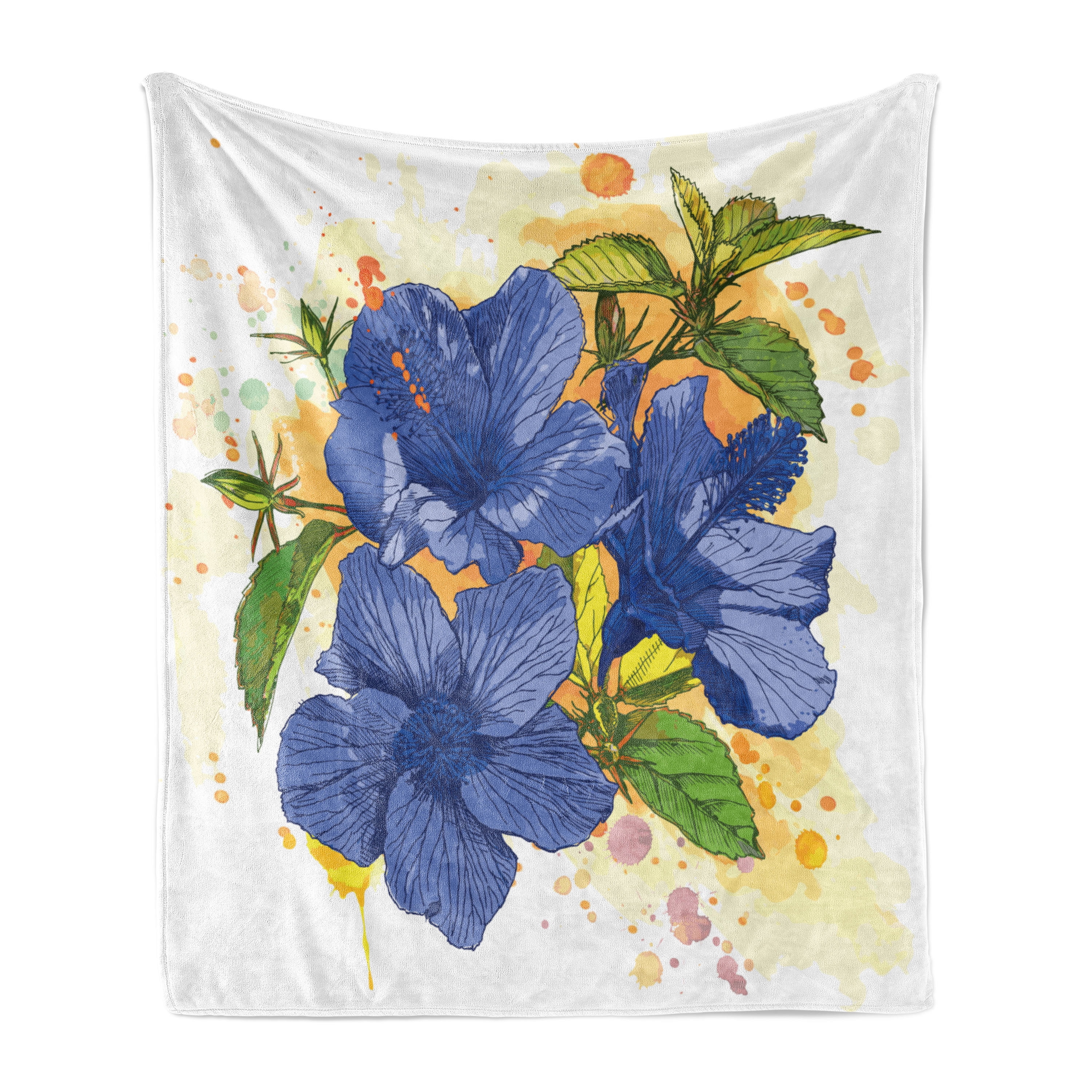 Tropical Soft Flannel Fleece Throw Blanket, Hibiscus Flourishes Exotic Foliage Organic Bouquet