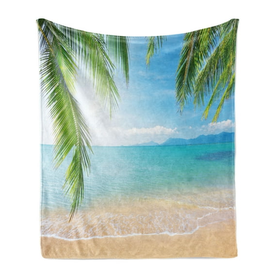 Tropical Soft Flannel Fleece Throw Blanket, Idyllic Thailand Relaxation Holiday Coast Paradise Vacation Image, Cozy Plush for Indoor and Outdoor Use, 60" x 80", Sand Brown Turquoise, by Ambesonne
