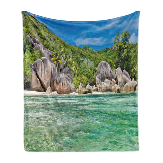 Tropical Soft Flannel Fleece Throw Blanket, Landscape of Island with Trees in Seychelles and the Sky Digital Print, Cozy Plush for Indoor and Outdoor Use, 50" x 70", Blue and Fern Green, by Ambesonne