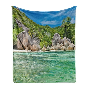 Tropical Soft Flannel Fleece Throw Blanket, Landscape of Island with Trees in Seychelles and the Sky Digital Print, Cozy Plush for Indoor and Outdoor Use, 60" x 80", Blue and Fern Green, by Ambesonne
