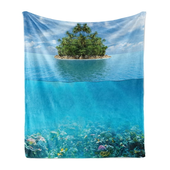 Tropical Soft Flannel Fleece Throw Blanket, Lonely Small Island on the Ocean Jungle Exotic Style Flora and Fauna , Cozy Plush for Indoor and Outdoor Use, 50" x 70", Aqua Forest Green, by Ambesonne