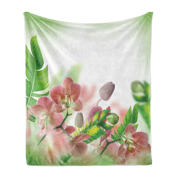 Tropical Soft Flannel Fleece Throw Blanket, Tropical Orchids Branch Stem Petal Leaf Bud Spring Blooming Flowers Print, Cozy Plush for Indoor and Outdoor Use, 70" x 90", Peach and Green, by Ambesonne