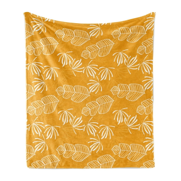 Tropical Soft Flannel Fleece Throw Blanket, Outline Drawings Various Leaves Drawn by Hand Hawaiian Vibes Plantation, Cozy Plush for Indoor and Outdoor Use, 60" x 80", Orange and White, by Ambesonne