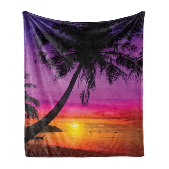 Tropical Soft Flannel Fleece Throw Blanket, Palm Tree Silhouette on Beach at Sunset Summertime Travel Destination, Cozy Plush for Indoor and Outdoor Use, 50" x 70", Purple Orange Black, by Ambesonne