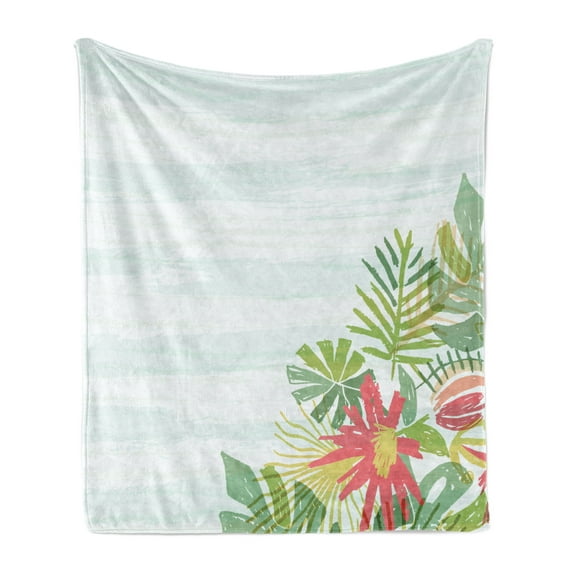 Tropical Soft Flannel Fleece Throw Blanket, Pastel Tones of Leafy Motifs Exotic, Cozy Plush for Indoor and Outdoor Use, 70" x 90", Pale Seafoam Multicolor, by Ambesonne