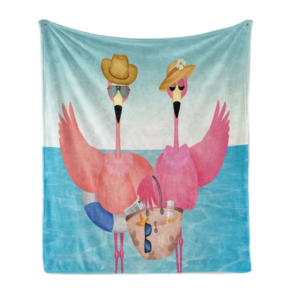 Tropical Soft Flannel Fleece Throw Blanket, Pattern of Cool Flamingo Couple on Vacation Summertime Elements Exotic Setting, Cozy Plush for Indoor and Outdoor Use, 50" x 60", Multicolor, by Ambesonne