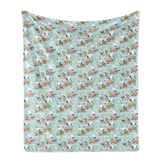 Tropical Soft Flannel Fleece Throw Blanket, Pattern of Japanese Cranes and Colorful Exotic Flower Arrangements Retro Feels, Cozy Plush for Indoor and Outdoor Use, 70" x 90", Multicolor, by Ambesonne