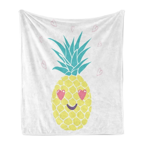 Tropical Soft Flannel Fleece Throw Blanket, Pineapple Design a Smile and Heart Eyes Exotic Love Themed Fruit Portrait, Cozy Plush for Indoor and Outdoor Use, 60" x 80", Multicolor, by Ambesonne