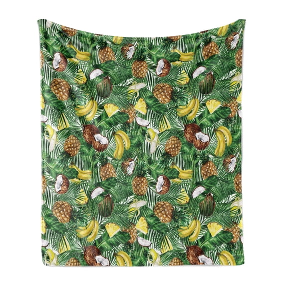 Tropical Soft Flannel Fleece Throw Blanket, Pineapples Banana and Coconut Pattern in Fern Leaves Exotic Hawaiian, Cozy Plush for Indoor and Outdoor Use, 50" x 60", Green Brown Yellow, by Ambesonne