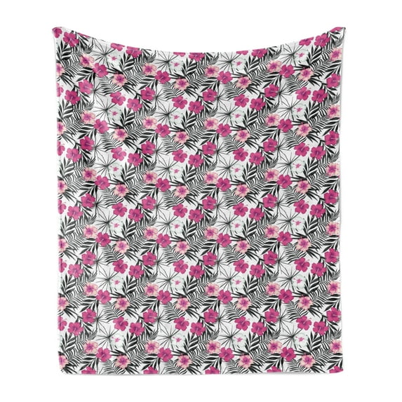 Tropical Soft Flannel Fleece Throw Blanket, Pink White Hibiscus Flowers on Monochromatic Background of Leaves, Cozy Plush for Indoor and Outdoor Use, 50" x 60", Charcoal Grey Magenta, by Ambesonne