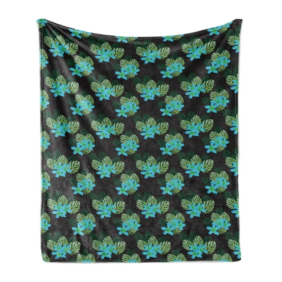 Tropical Soft Flannel Fleece Throw Blanket, Plumeria Palm and Monstera Leaves, Cozy Plush for Indoor and Outdoor Use, 60" x 80", Charcoal Grey Multicolor, by Ambesonne