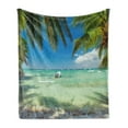 thumbnail image 1 of Tropical Soft Flannel Fleece Throw Blanket, Surreal Sea Surrounded by Palm Tree Leaves Scenic Nature Summertime, Cozy Plush for Indoor and Outdoor Use, 50" x 60", Fern Green Turquoise, by Ambesonne, 1 of 5