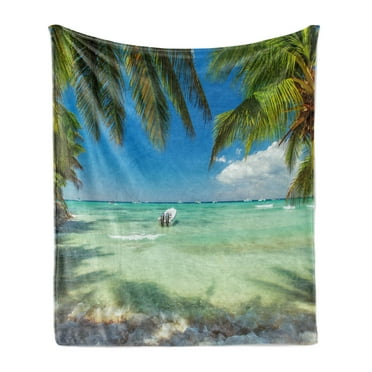 Tropical Soft Flannel Fleece Throw Blanket, Surreal Sea Surrounded by Palm Tree Leaves Scenic Nature Summertime, Cozy Plush for Indoor and Outdoor Use, 50" x 70", Fern Green Turquoise, by Ambesonne
