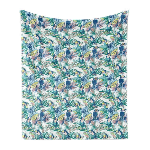 Tropical Soft Flannel Fleece Throw Blanket, Toucan Bird Hipster Monstera Leaves and Plants Island Ocean Theme, Cozy Plush for Indoor and Outdoor Use, 60" x 80", Violet Blue Sea Green, by Ambesonne
