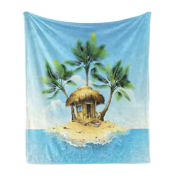 Tropical Soft Flannel Fleece Throw Blanket, Tropical Wooden Bungalow 3 Palm Trees in a Small Island Cartoon Artwork, Cozy Plush for Indoor and Outdoor Use, 60" x 80", Aqua Green Beige, by Ambesonne