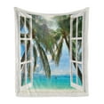 thumbnail image 1 of Tropical Soft Flannel Fleece Throw Blanket, Window to the Exotic Beach Landscape Pastoral Composition with Palm Trees, Cozy Plush for Indoor and Outdoor Use, 70" x 90", Multicolor, by Ambesonne, 1 of 5