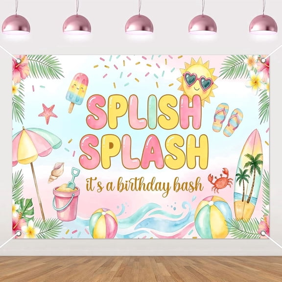 Tropical Splish Splash Birthday Backdrop Splish Splash It's a Birthday Bash Background for Girls Summer Pink Beach Pool Party Decorations Banner Supplies Photo Booth Props