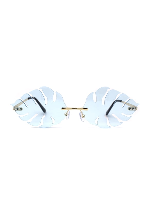 Tropical Split Leaf Palm Shape Rimless Hippie Sunglasses Blue