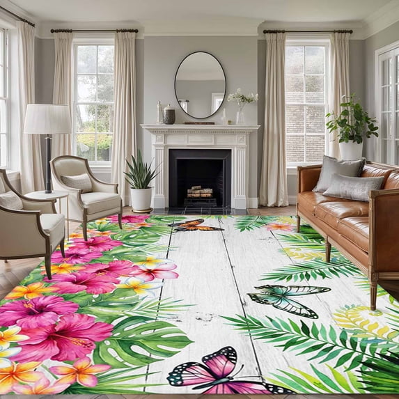 Tropical Spring Area Rugs 6'x9', Washable Small Throw Rugs for Kitchen Dining room, Floral Leaves Butterflies Gray Wooden Indoor Outdoor Rug Non-Slip Low Pile Carpet Runner Reversible Floor Mats
