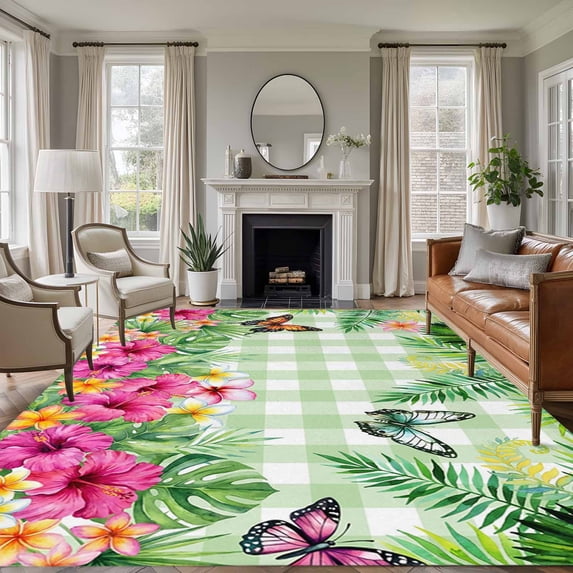 Tropical Spring Area Rugs 6'x9', Washable Small Throw Rugs for Kitchen Dining room, Floral Leaves Butterflies Sage Green Plaid Indoor Outdoor Rug Non-Slip Low Pile Carpet Runner Reversible Floor Mats