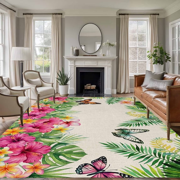 Tropical Spring Area Rugs 8'x10', Washable Small Throw Rugs for Living Room Patio, Floral Leaves Butterflies Burlap Rustic Indoor Outdoor Rug Non-Slip Low Pile Carpet Runner Reversible Floor Mats