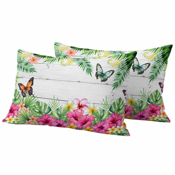 Tropical Spring Outdoor Waterproof Pillow Covers, Floral Leaves Butterflies Gray Wooden Decorative Rectangle Throw Pillowcase Sofa Cushion Sham for Patio/Couch/Chair, 20"x12" 2 Pack