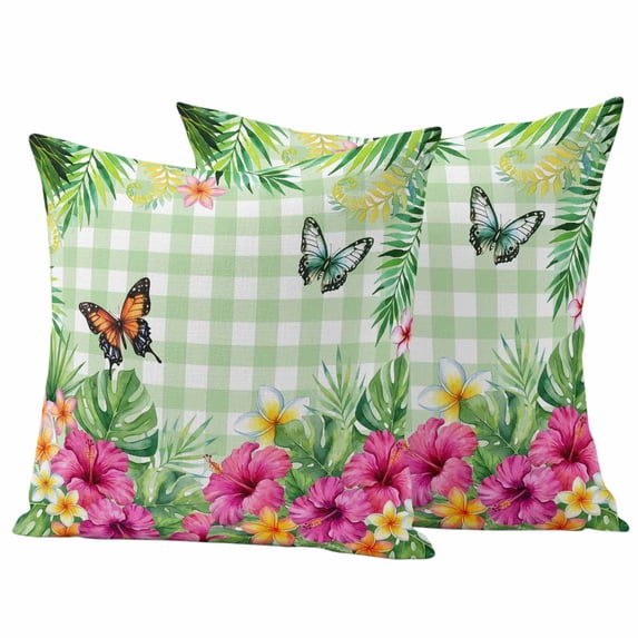 Tropical Spring Outdoor Waterproof Pillow Covers, Floral Leaves Butterflies Sage Green Plaid Decorative Square Throw Pillowcase Sofa Cushion Sham for Patio/Couch/Chair, 18"x18" 2 Pack