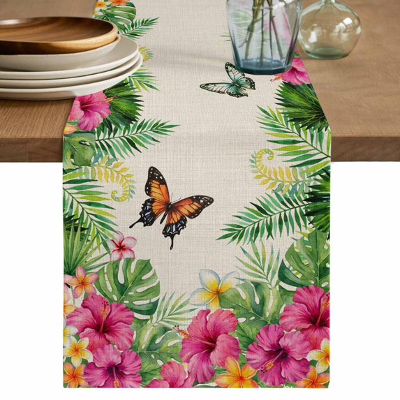 Tropical Spring Table Runner 70 Inches, Floral Leaves Butterflies Burlap Rustic Bed Runner Dresser Scarves Tabletop for Indoor Outdoor Parties/Ceremony/Banquet, 13" x 70"