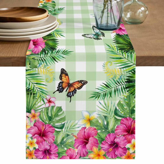 Tropical Spring Table Runner 90 Inches, Floral Leaves Butterflies Sage Green Plaid Bed Runner Dresser Scarves Tabletop for Indoor Outdoor Parties/Ceremony/Banquet, 13" x 90"
