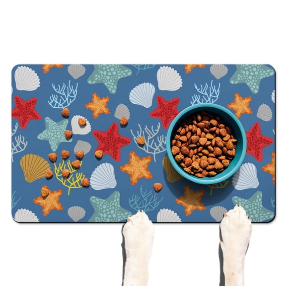 Tropical Starfish Pattern Dog Food Mat - Absorbent Waterproof Pet Feeding Pad - Large Size for Food & Water Spills