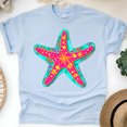 thumbnail image 1 of Tropical Starfish T-Shirt for Women, Bright Floral Ocean Summer Graphic Tee, Light Blue, Size 5XL, 1 of 6