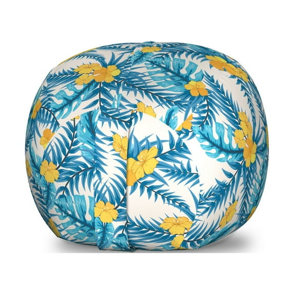 Tropical Storage Toy Bag Chair, Exotic Leaves and Flowers Pattern Abstract Rainforest Elements Illustration, Stuffed Animal Organizer Washable Bag, Small Size, Blue Yellow Ivory, by Ambesonne