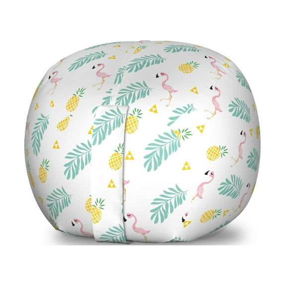 Tropical Storage Toy Bag Chair, Flamingo Birds Tropical Pineapple and Leaves Hawaiian Hipster in Pastel Tones, Stuffed Animal Organizer Washable Bag, Small Size, Pink Mustard, by Ambesonne