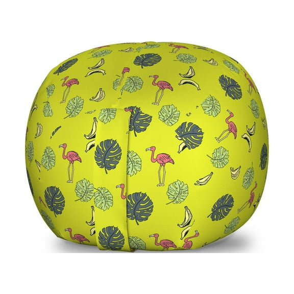 Tropical Storage Toy Bag Chair, Hawaiian Monstera Bananas and Flamingos, Stuffed Animal Organizer Washable Bag, Large Size, Apple Green Multicolor, by Ambesonne