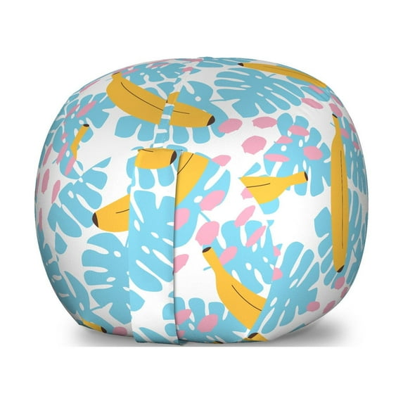 Tropical Storage Toy Bag Chair, Monstera Leaves Bananas and Paint Spots in Pastel Colors Summer Vibes, Stuffed Animal Organizer Washable Bag, Small Size, Sky Blue Mustard Blush, by Ambesonne