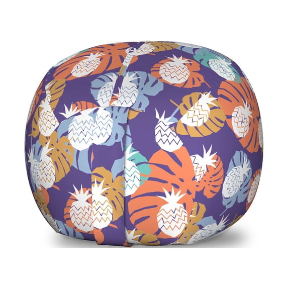 Tropical Storage Toy Bag Chair, Pineapples with Big Colorful Leafy Hawaii Motifs on the Background, Stuffed Animal Organizer Washable Bag, Small Size, Dark Indigo Multicolor, by Ambesonne