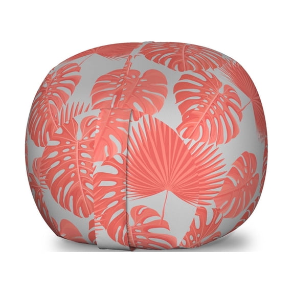 Tropical Storage Toy Bag Chair, Print of Big Monstera Leaves Hawaiian Summer Plantation Exotic Feels, Stuffed Animal Organizer Washable Bag, Large Size, Pale Grey and Salmon, by Ambesonne