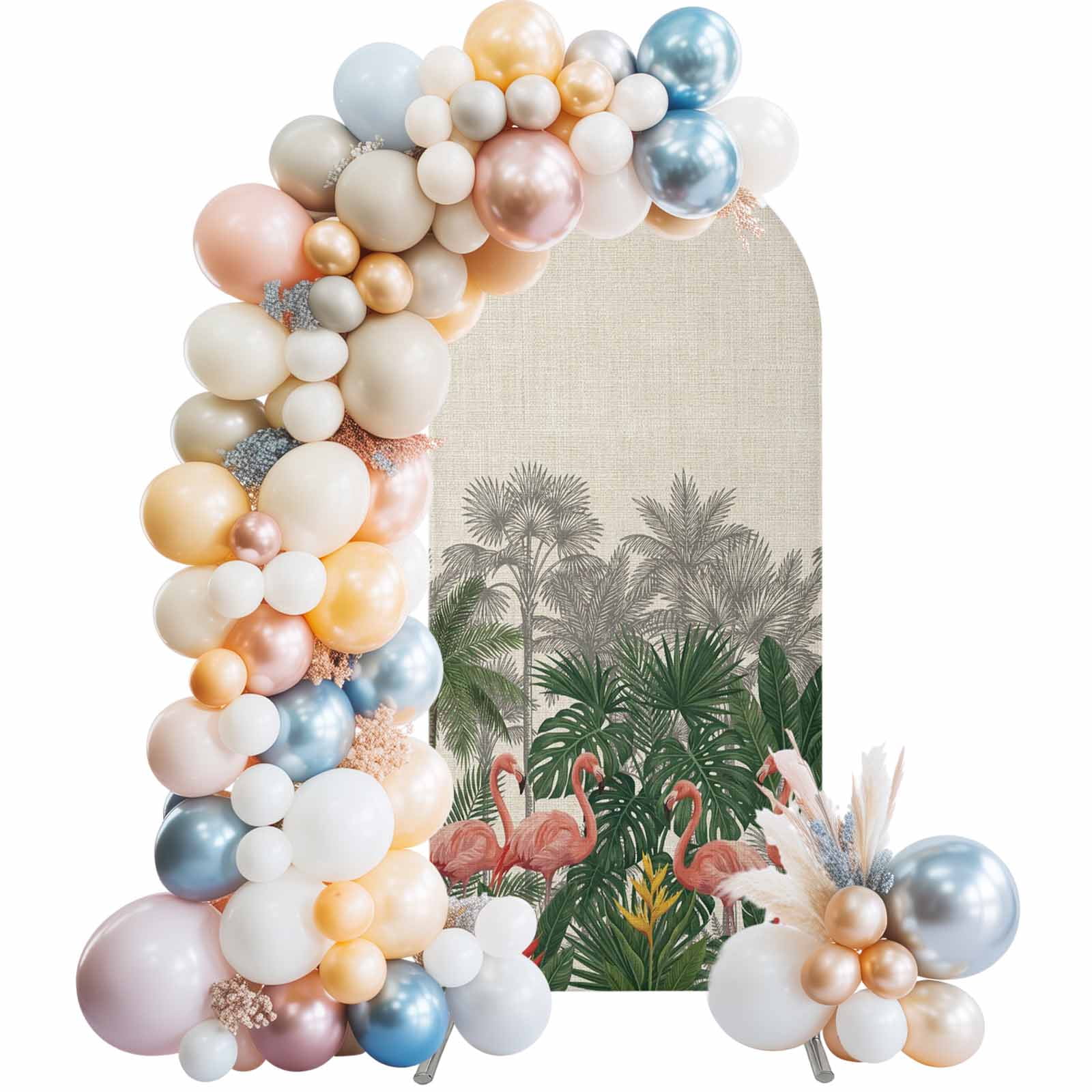 Tropical Style Arch Backdrop Cover 4 FT Summer Flamingos and Palm Trees Vacation Brown Stretchy Elastic Arch Stand Covers Spandex Arched Background Birthday Wedding Party Decoration (No Stand)
