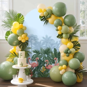 Tropical Style Arch Backdrop Cover, 5FT, Summer Flamingos and Palm Trees Vacation Blue Spandex Arch Covers Double-Sided Backdrop for Wedding Birthday Party Photo Background Decoration