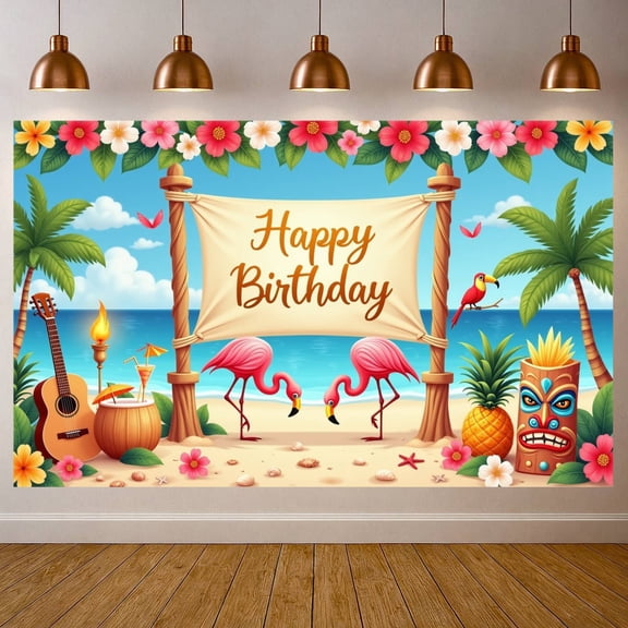 Tropical Style Banner Flamingo Pattern Beach Birthday Backdrop Palm Tree Design Floral Decor Tropical Party Display for Birthday Party Beach Celebration Tropical Theme Party
