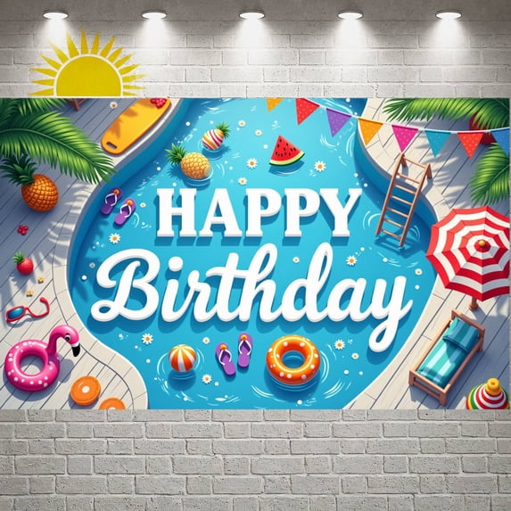 Tropical Style Banner Pool Themed Birthday Backdrop Colorful Floats Flamingo Pattern Party Display for Poolside Celebrations Kids Birthday Parties Summer Gatherings