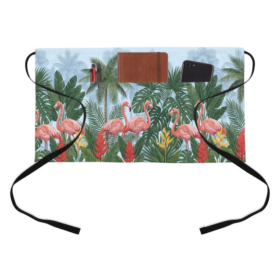 Tropical Style Kitchen Restaurant Half Waist Apron, Summer Flamingos and Palm Trees Vacation Blue Server Short Apron with 3 Pockets Waterproof Oil Waist Aprons for Women Waitress Waiter