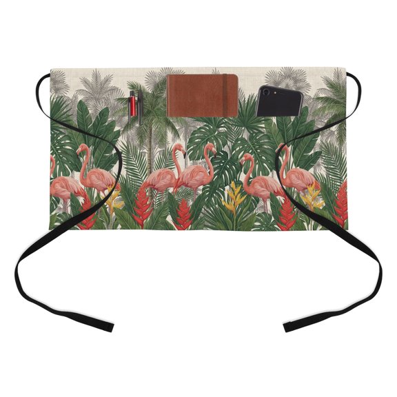 Tropical Style Kitchen Restaurant Half Waist Apron, Summer Flamingos and Palm Trees Vacation Brown Server Short Apron with 3 Pockets Waterproof Oil Waist Aprons for Women Waitress Waiter