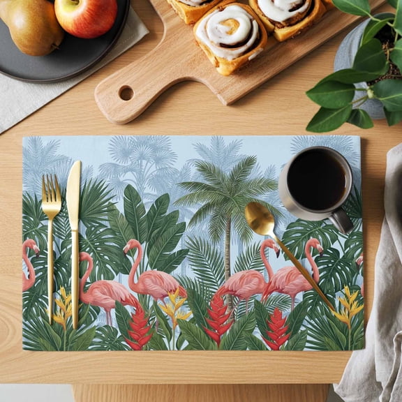 Tropical Style Placemats Set of 2, Summer Flamingos and Palm Trees Vacation Blue Heat Insulated Linen Place Mats, Washable Stain-Proof Table Mats for Dining Tables Holiday Decor 13x19 Inches