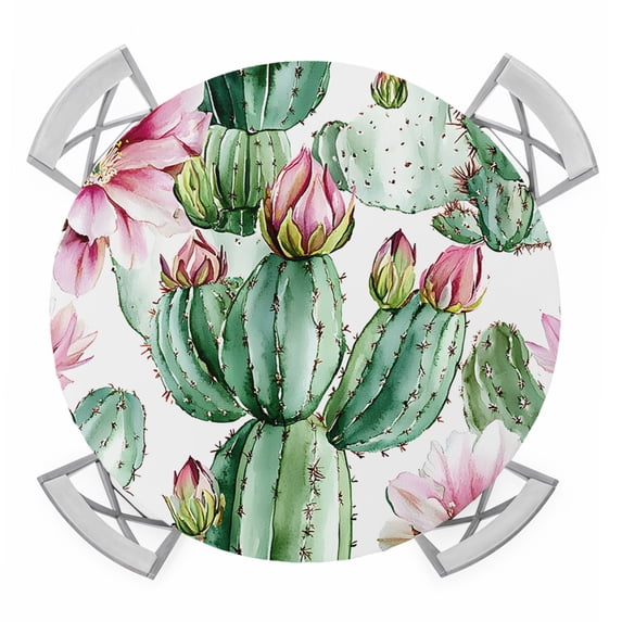 Tropical Succulent Round Tablecloth for 55-60 Inch Tables, Fitted Table Cover with Elastic Edge, Botanical Plants Pink Floral Waterproof Outdoor Table Cloth Protector for Patio Garden Dinner Picnic