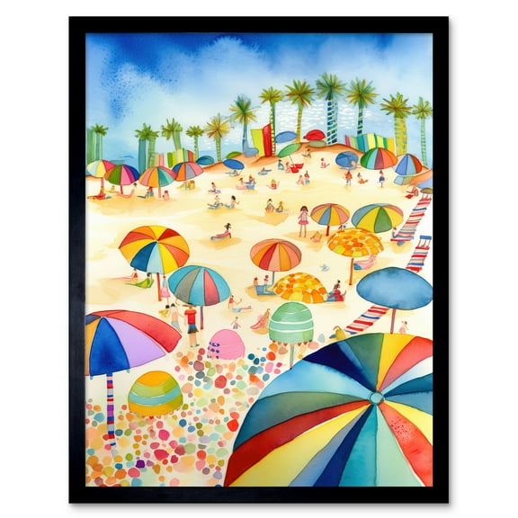 Tropical Summer Beach Folk Art Art Print Framed Poster Wall Decor 12x16 inch