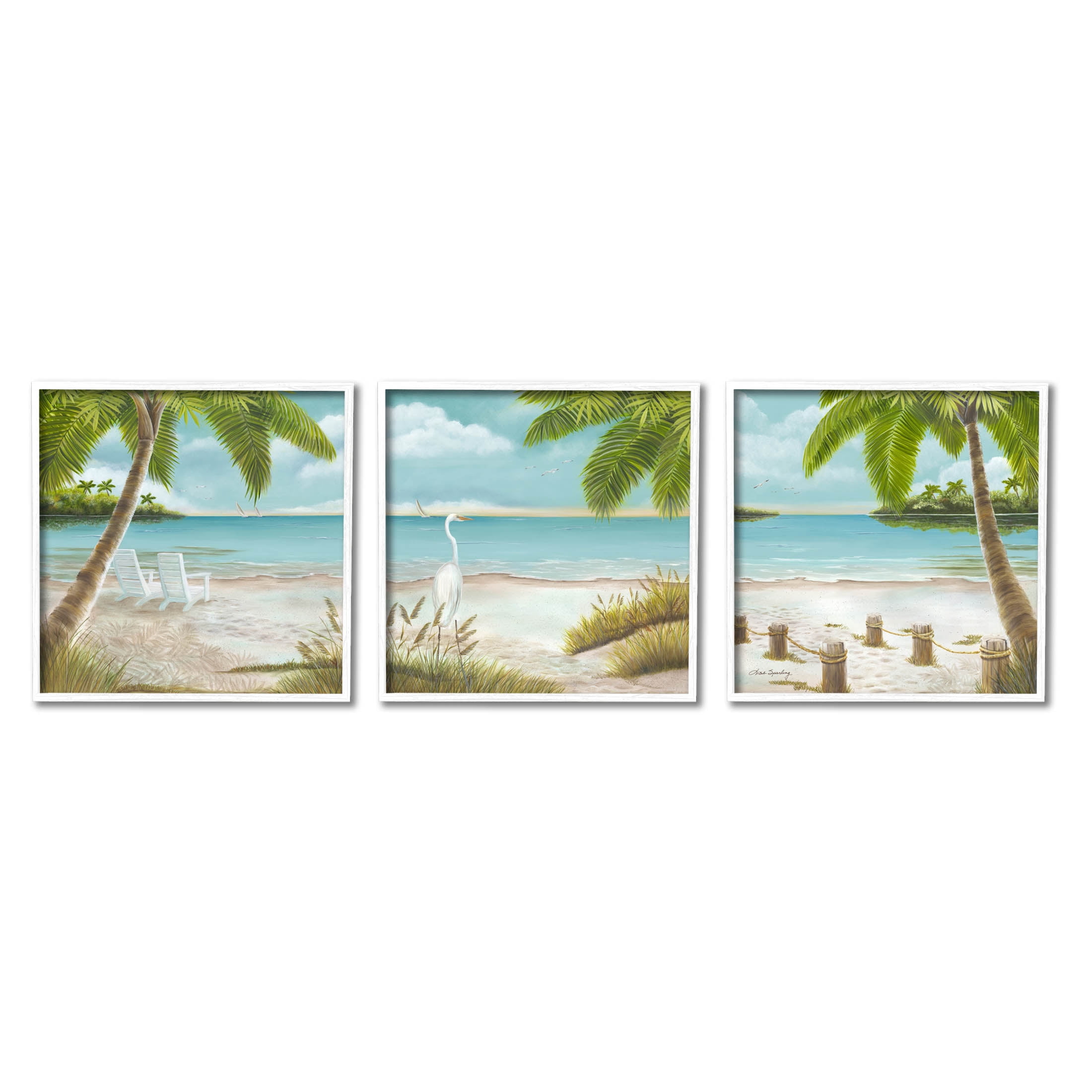 Tropical Summer Beach Getaway Shore Coastal Graphic Art White Framed Art Print Wall Art, Set of 3