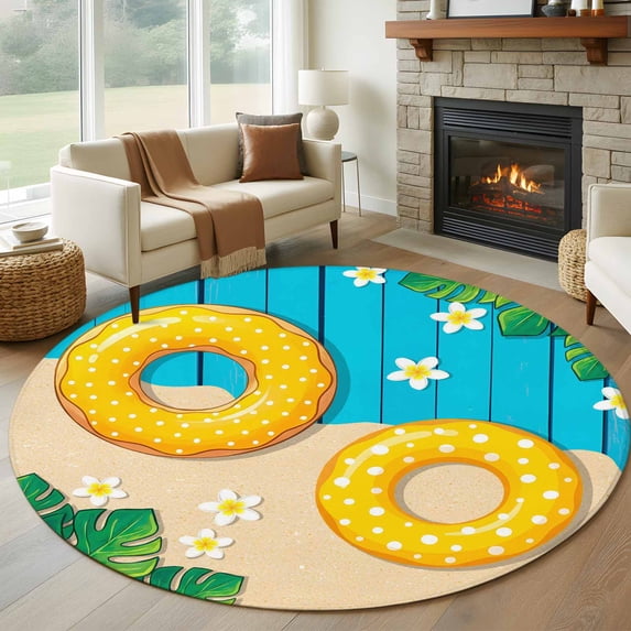 Tropical Summer Beach Round Living Room Rugs 7 ft, Swimming Ring Floral Monstera Blue Washable Area Rug with Non-Slip Sturdy Edge Binding Round Carpet for Kitchen Office Bedroom