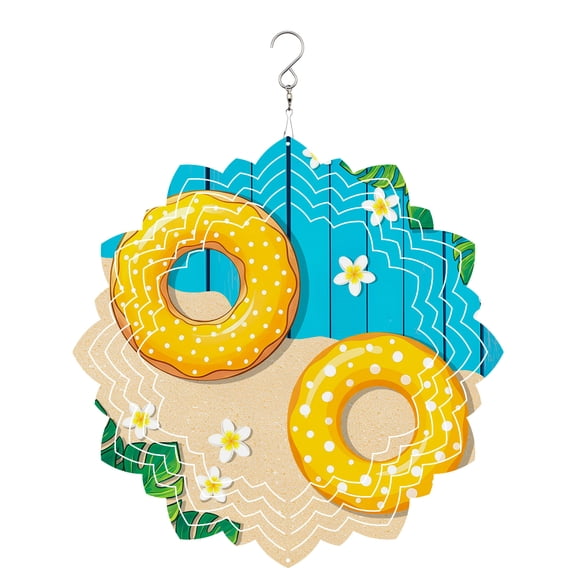 Tropical Summer Beach Wind Spinner for Garden Yard 8In, Swimming Ring Floral Monstera Blue 3D Stainless Steel Kinetic Hanging Wind Spinners Rustproof Outdoor Decor for Lawn Patio Home